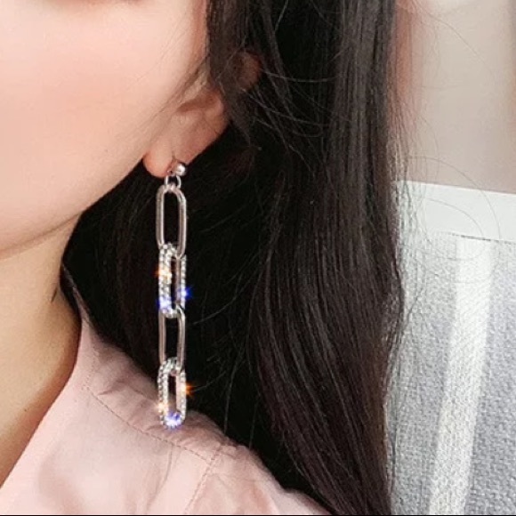 Silver Tone Rhinestone Chain Long Earrings - Picture 2 of 5